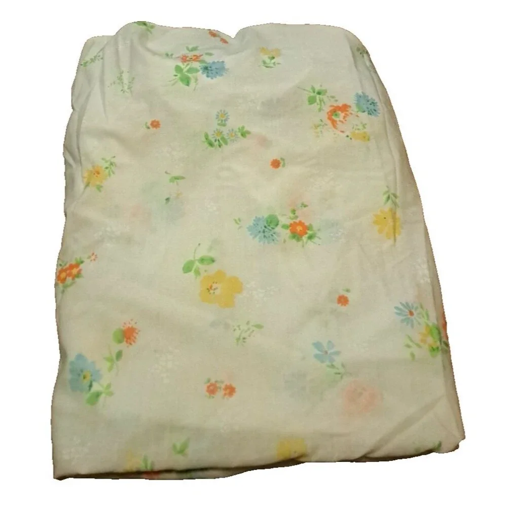 Vintage Wildflower Fitted Full Sheet Blue Orange Yellow Flowers Percale Cottage
